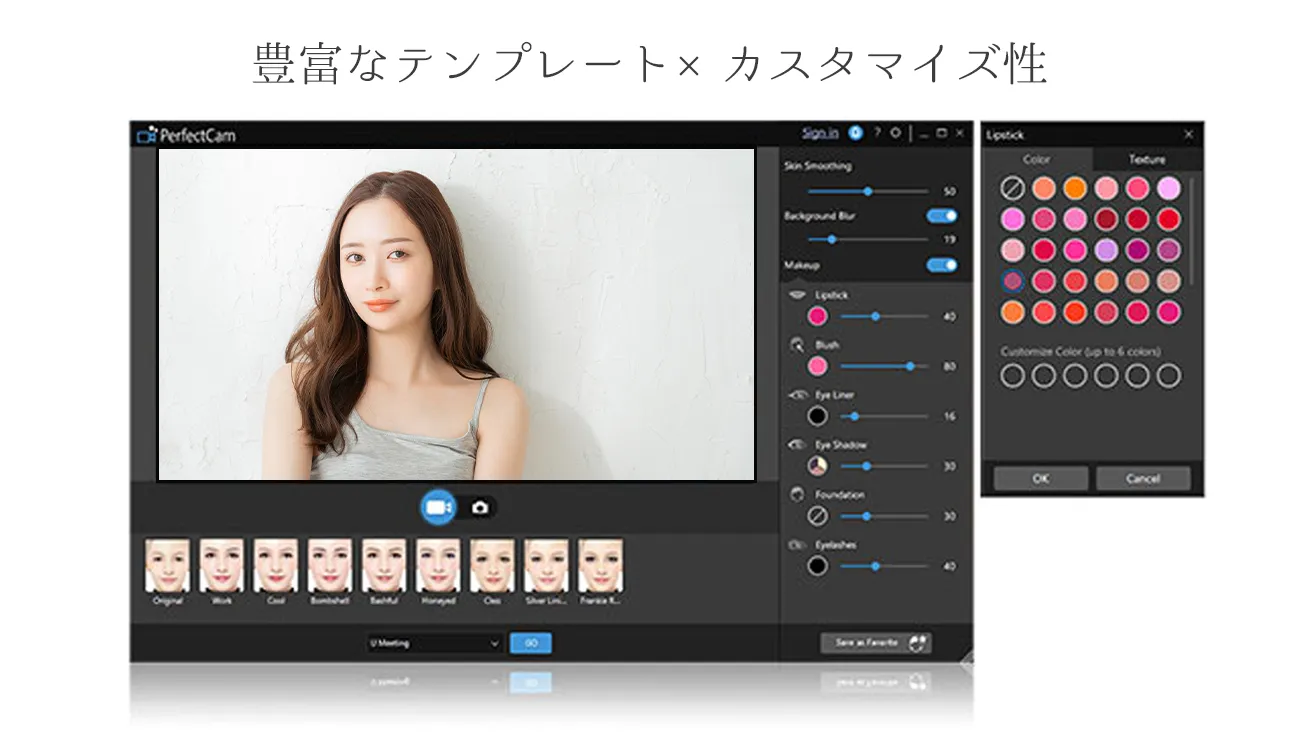 専用ソフトのバーチャルメイク画面